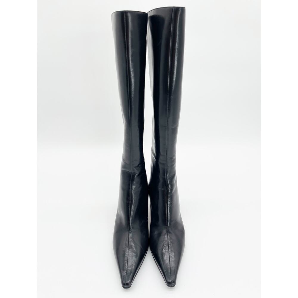 Jimmy Choo Vintage Peony Black Leather Pointed Toe Knee High Heeled Boots IT 38 - Picture 6 of 13